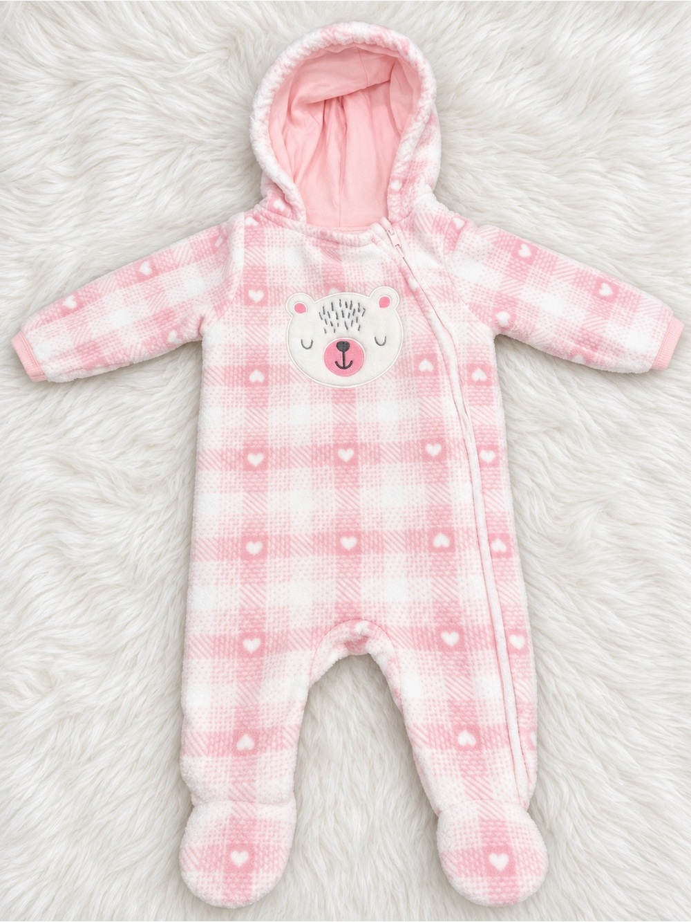 Penelope Mack Pink Plaid Hooded Footed One-Piece with Bear Applique